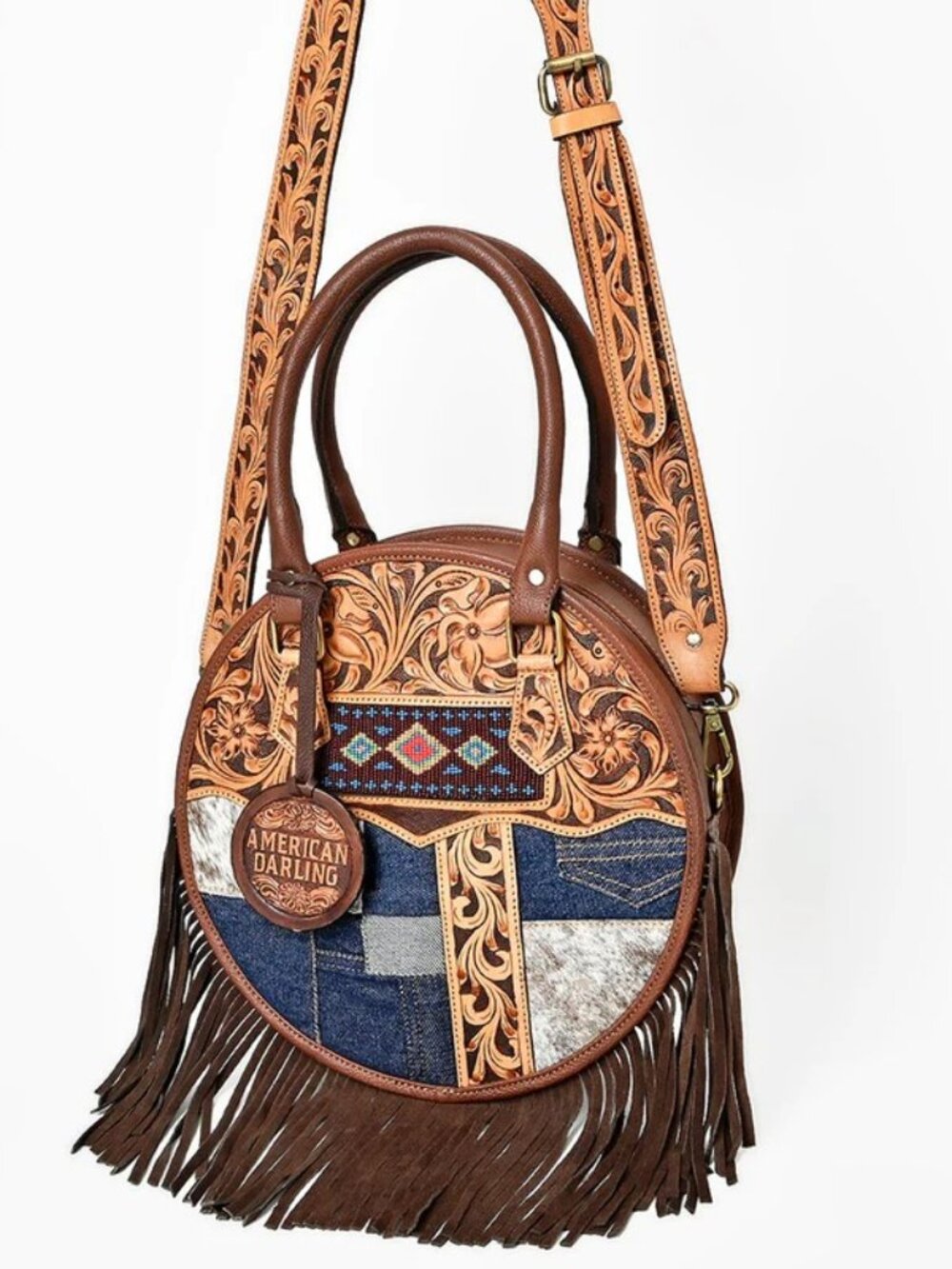 American Darling Patchwork Boho Fringe Tooled Crossbody Canteen Bag - Picture 2 of 6